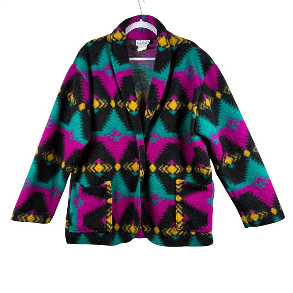 Vintage Village Fair Womens 1X Fleece Jacket Multi Southwestern Aztec 90s Boho